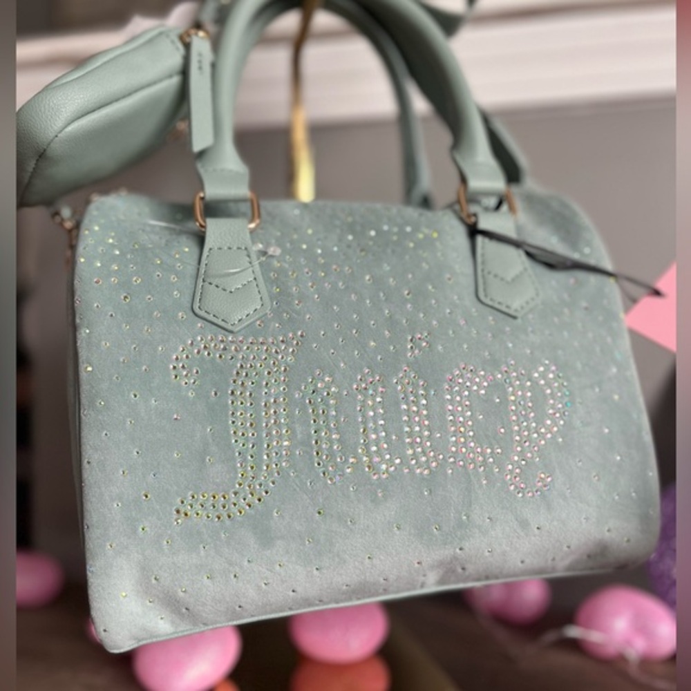 Juicy Couture Let It Shine Satchel Crossbody Cool Blue Rhinestone Logo NWT